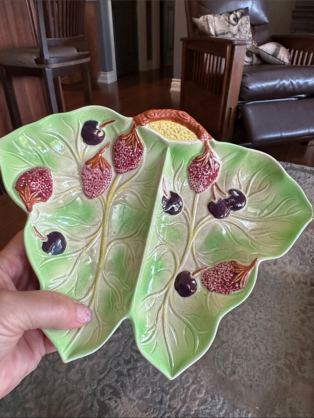 Vintage 1940’s Avon Ware Ceramic Leaf Bon Bon Dish with Berry Motif